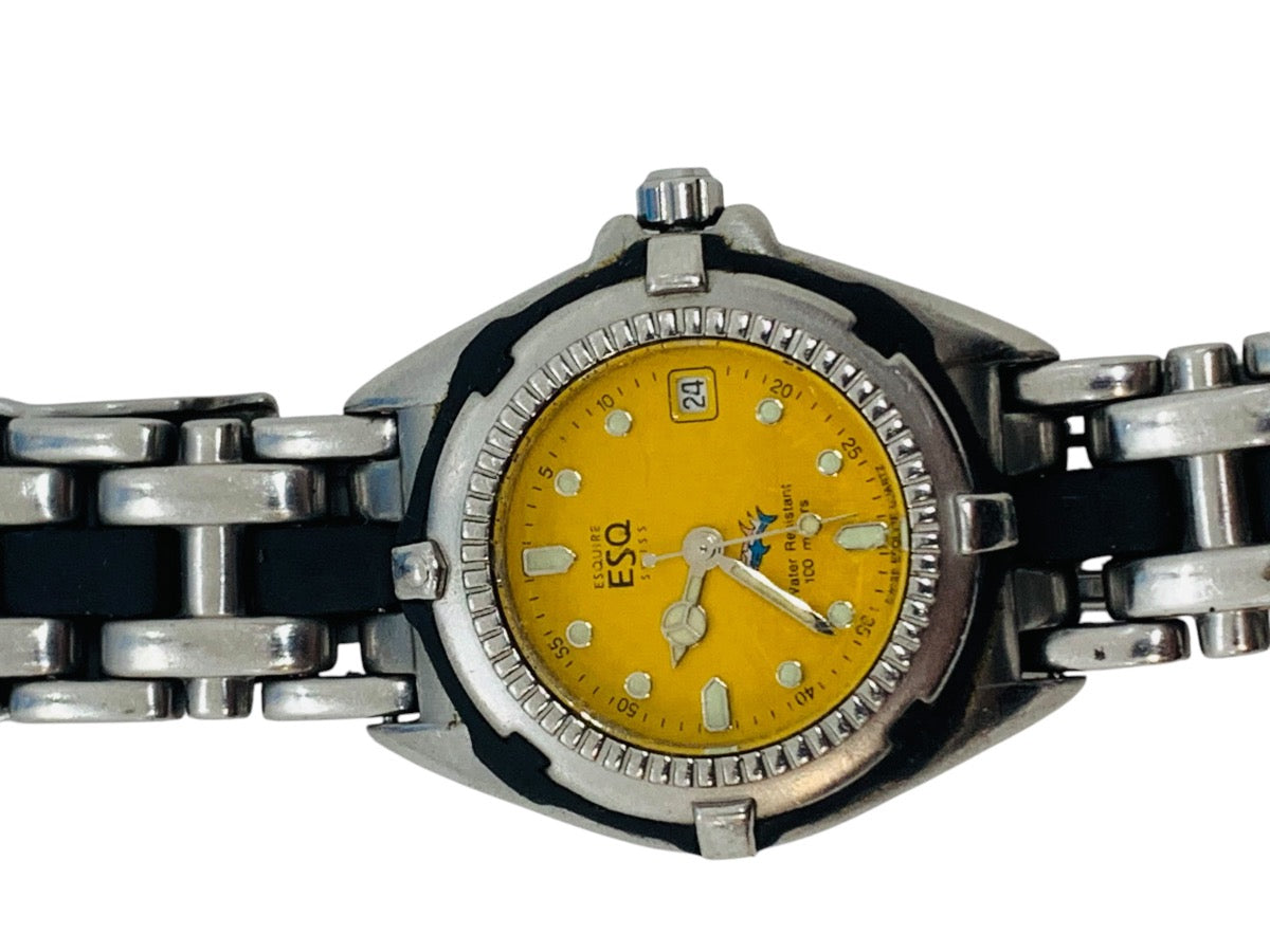 Vintage Esq by Movado Diver Style Quartz Wristwatch Steel w/ Yellow Dial
