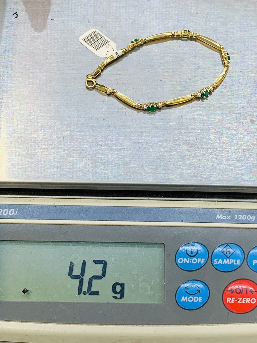 10K Yellow Gold Diamond Oval Cut Emerald Bracelet | 1 TCW | Size 7.5 | 4.2g