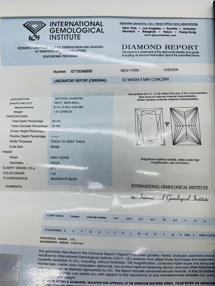 Plat Lady's Princess Cut Diamond Ring 1.51 Carat | I Color, SI1 | 12.7 Grams |