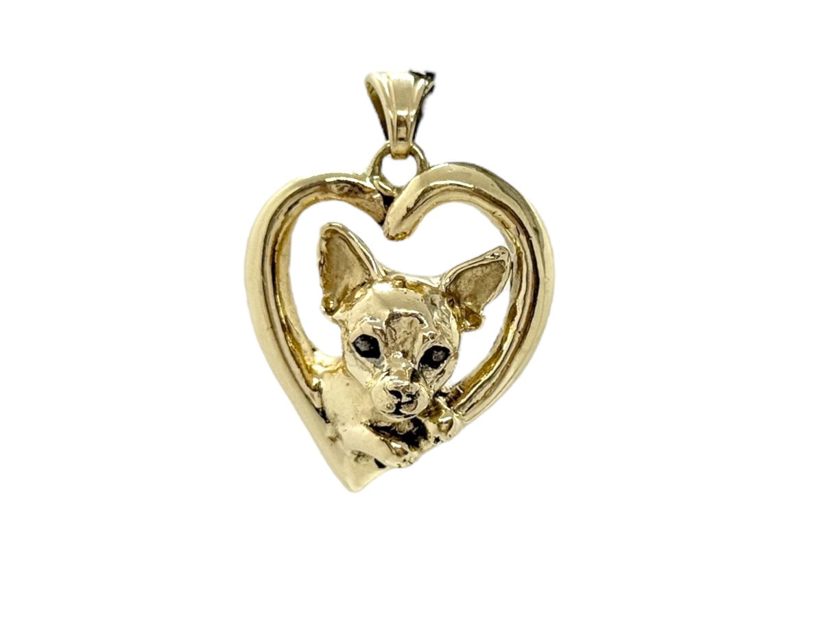 14K Yellow Gold Chihuahua Dog Heart Pendant | 8.6g