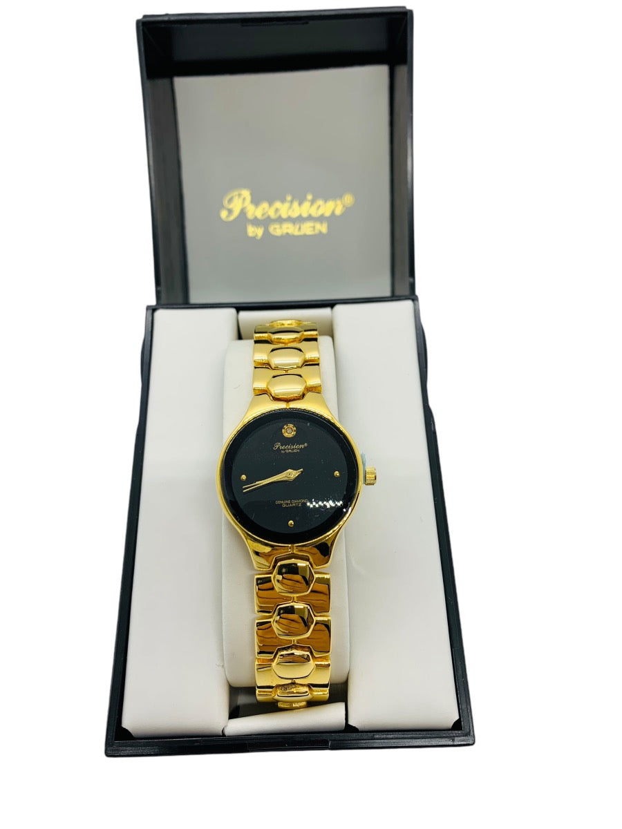 Gruen Precision Gold-Toned Watch Black Dial GP5040P Like New In Box
