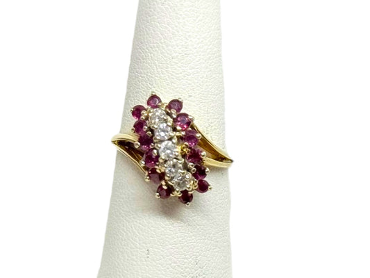 14K Yellow Gold Lady's Ruby/Diamond Cluster Ring | Size 7.25 | 5.7g