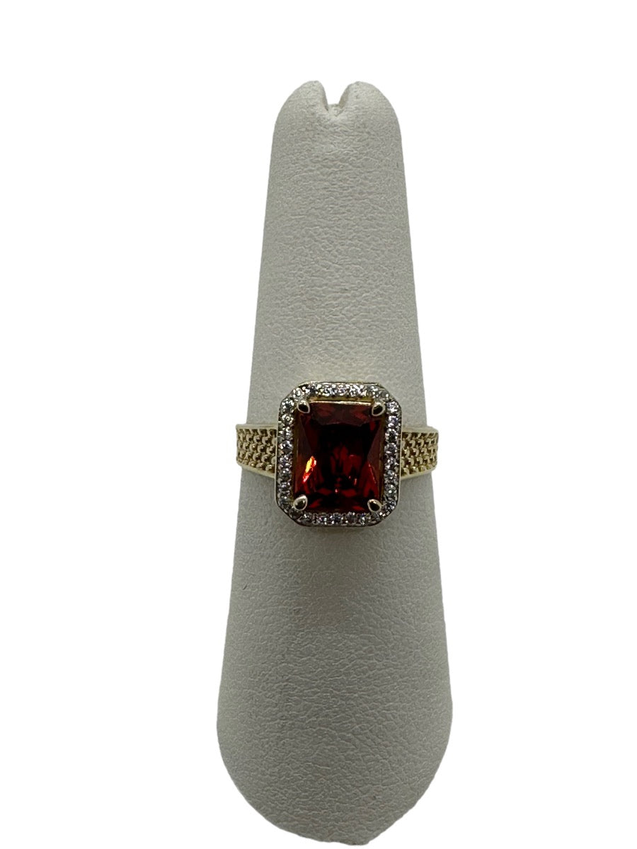 14K Yellow Gold Fancy Design Lady's Red-CZ Stone Ring Size 7.5 / 3 G