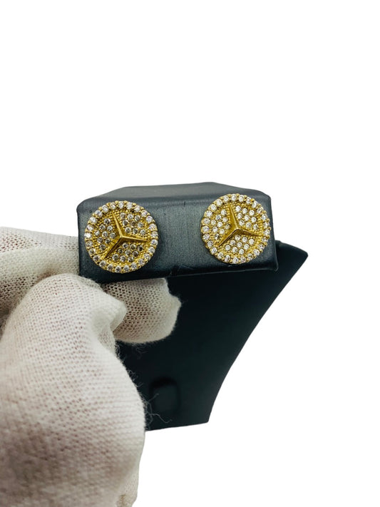 10K Yellow Gold Men's CZ Mercedes Benz Stud Earrings | 4.7 Grams