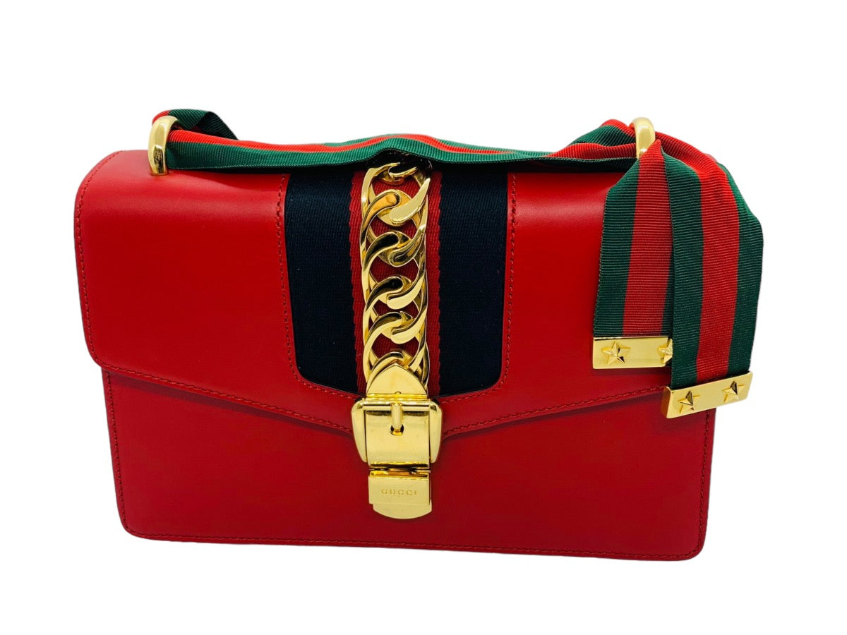 Gucci Red Leather Sylvie Shoulder Bag w/ Fabric Strap