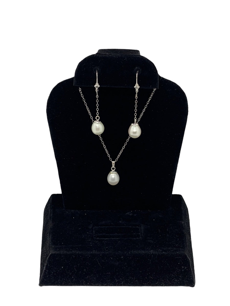 14K White Gold Pearl Necklace w/ Matching Dangling Earrings Set 4.6g
