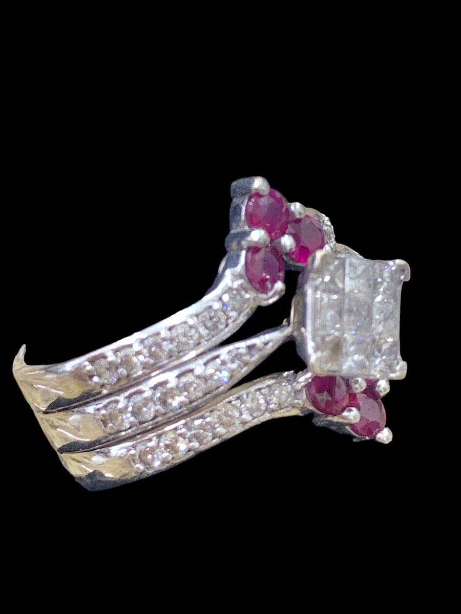 14K White Gold/Diamond/Red Stone Ring - 0.63tcw - Size 9 - 7.6g
