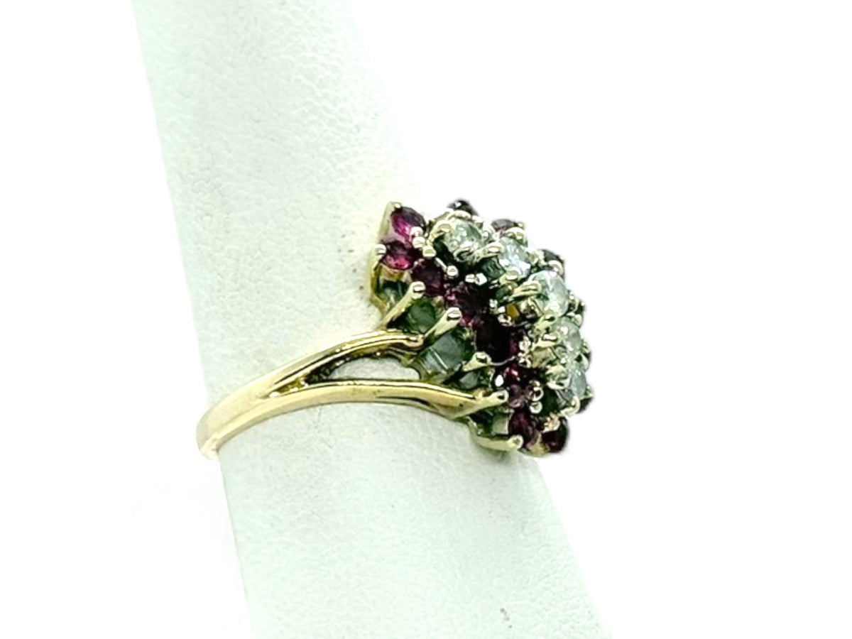 14K Yellow Gold Lady's Ruby/Diamond Cluster Ring | Size 7.25 | 5.7g