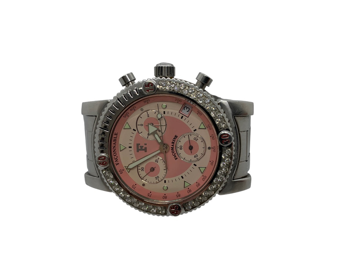 Faconnable Facomarine Lady's Diamond Watch Quartz Pink Face 40mm