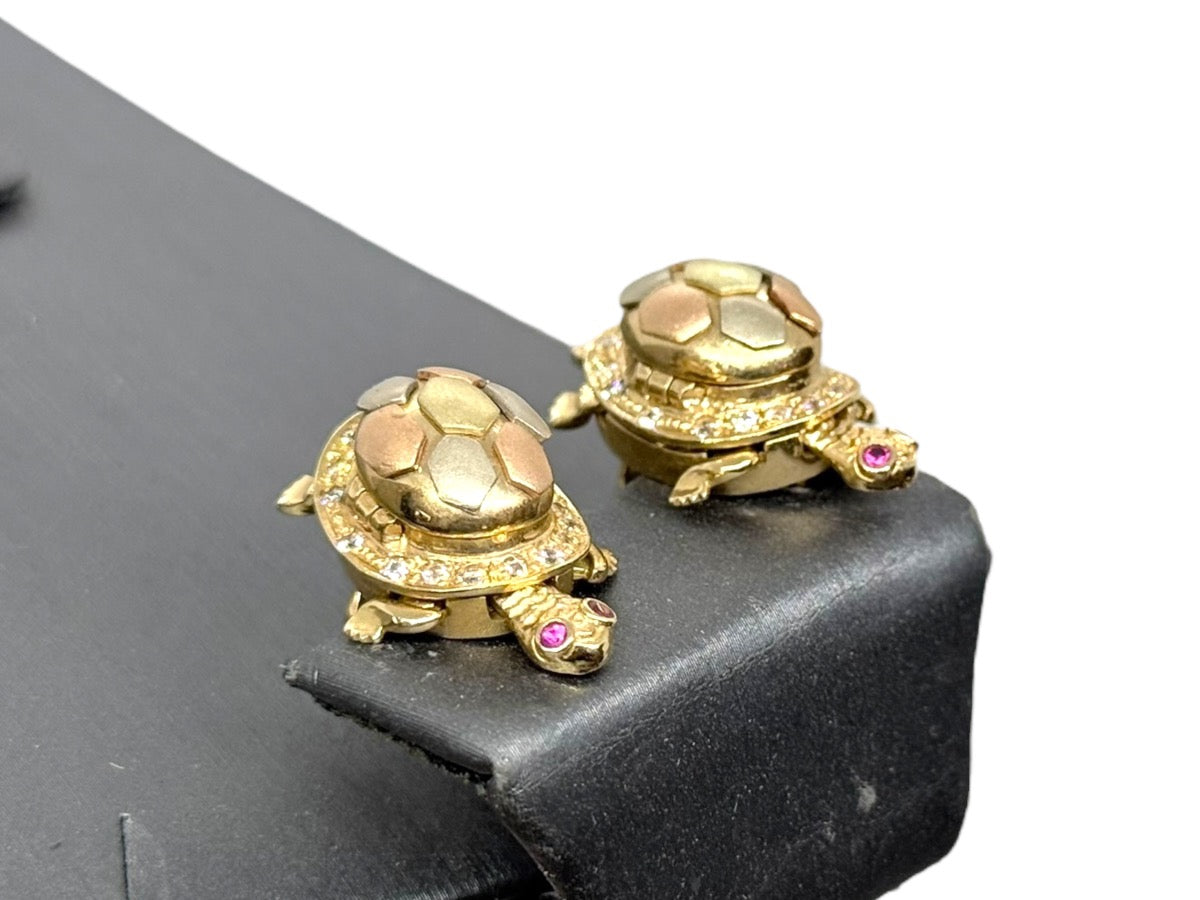 14K Tri-Tone Gold Articulated Turtle Earrings Red/Clear Stones | 15.7g
