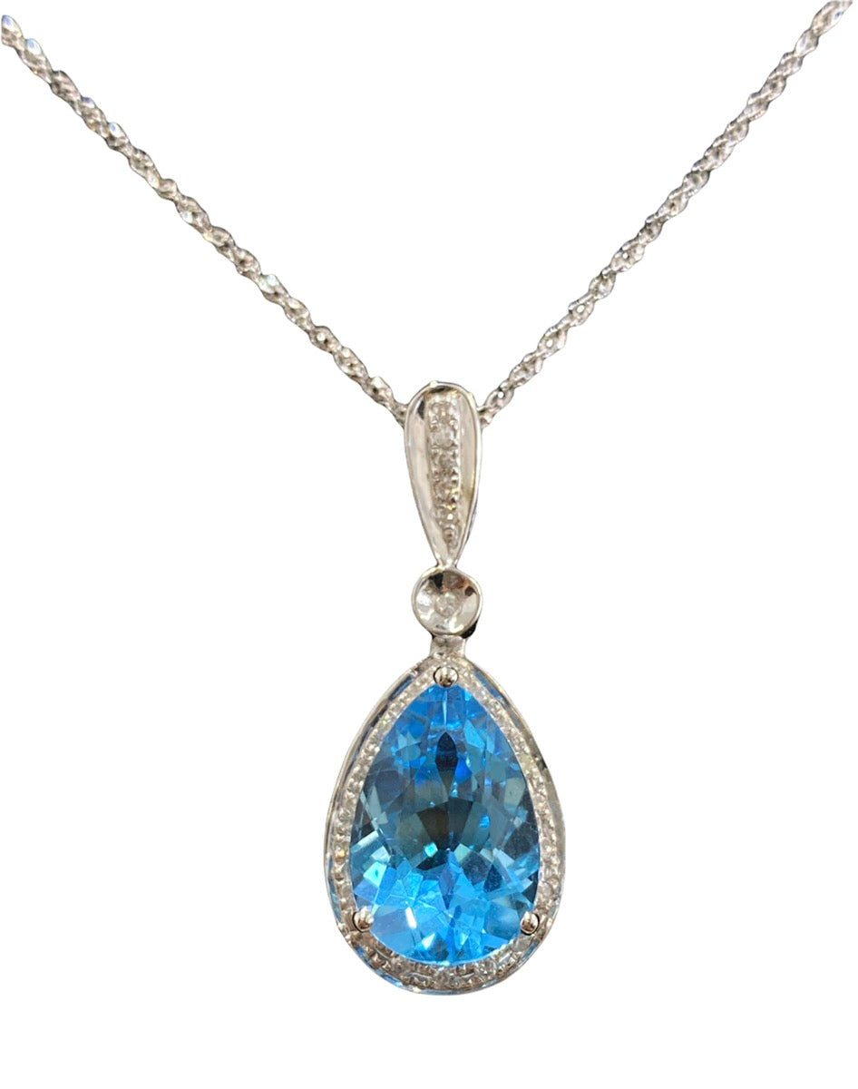 14K White Gold Diamond and Topaz Pendant Necklace 0.25 CTW, 2.9G, 10"