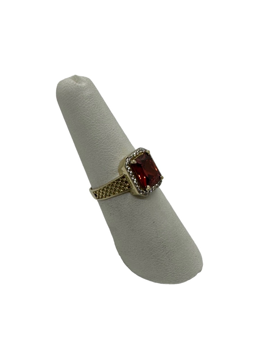 14K Yellow Gold Fancy Design Lady's Red-CZ Stone Ring Size 7.5 / 3 G