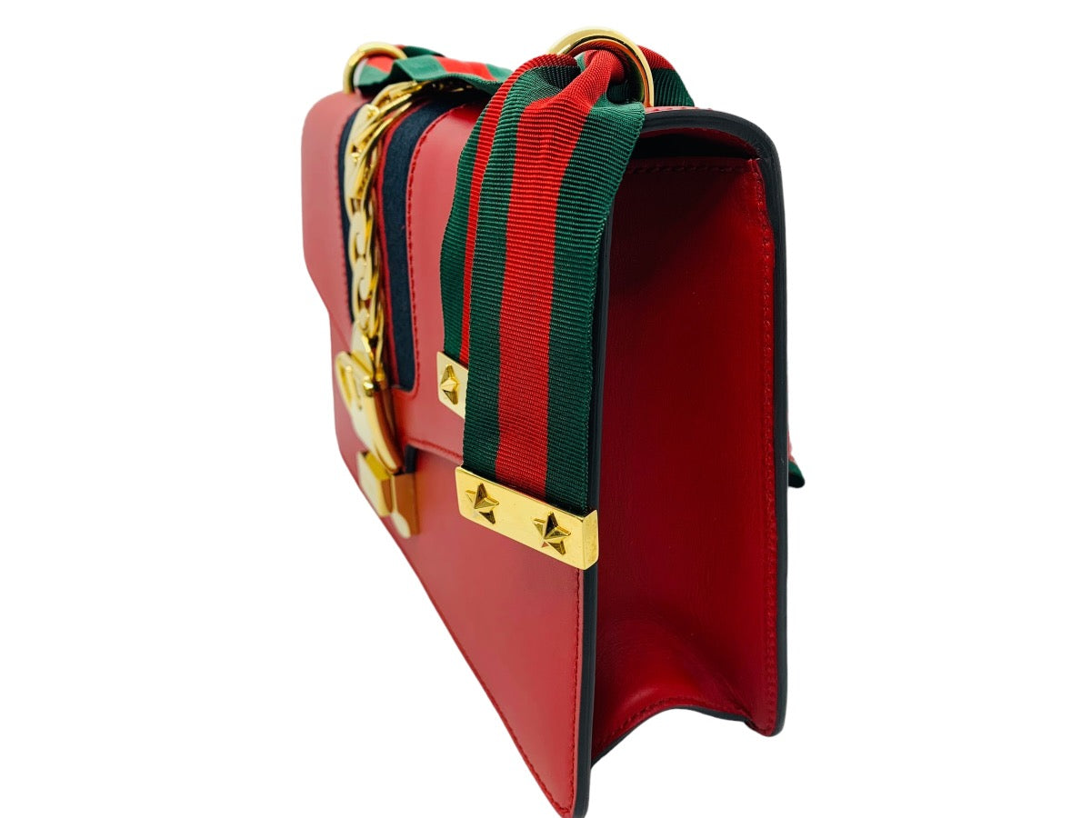 Gucci Red Leather Sylvie Shoulder Bag w/ Fabric Strap