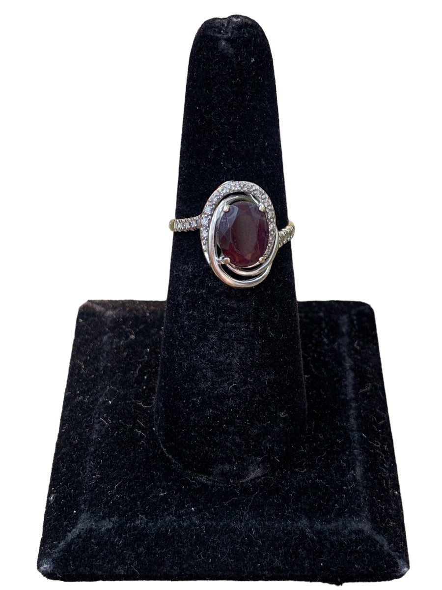 14K White Gold Red Stone Diamond Ring - 0.18tcw - Size 6.75 - 3.4g