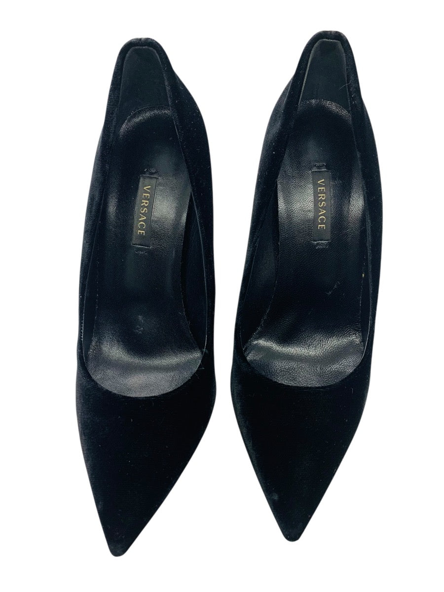 Versace Medusa Suede Pumps Black Gold/Tone Heels 37= U.S 7