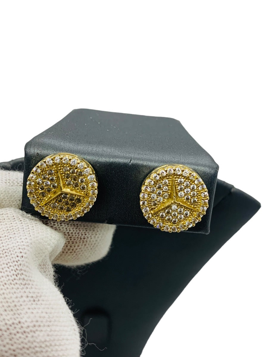 10K Yellow Gold Men's CZ Mercedes Benz Stud Earrings | 4.7 Grams