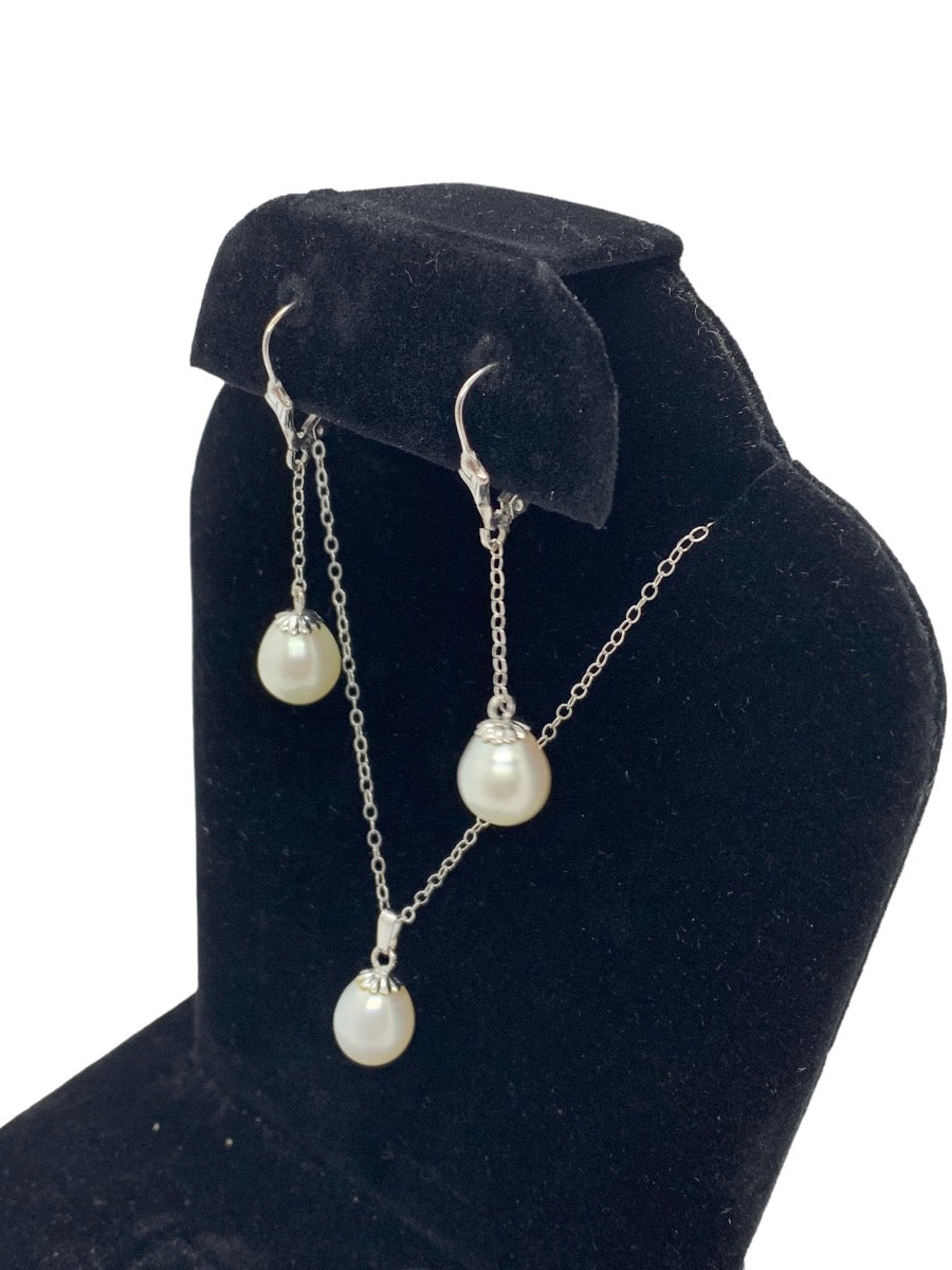 14K White Gold Pearl Necklace w/ Matching Dangling Earrings Set 4.6g