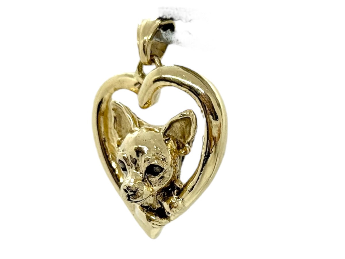 14K Yellow Gold Chihuahua Dog Heart Pendant | 8.6g