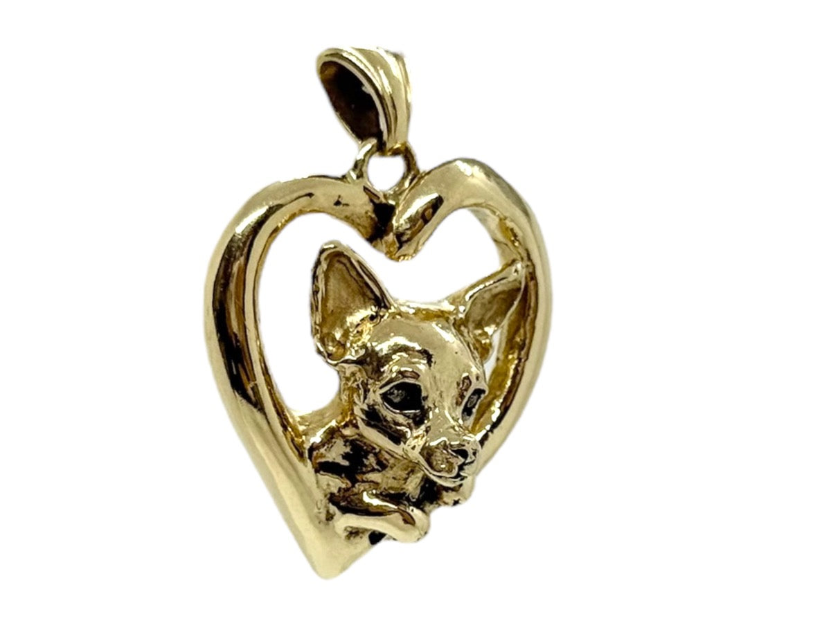 14K Yellow Gold Chihuahua Dog Heart Pendant | 8.6g