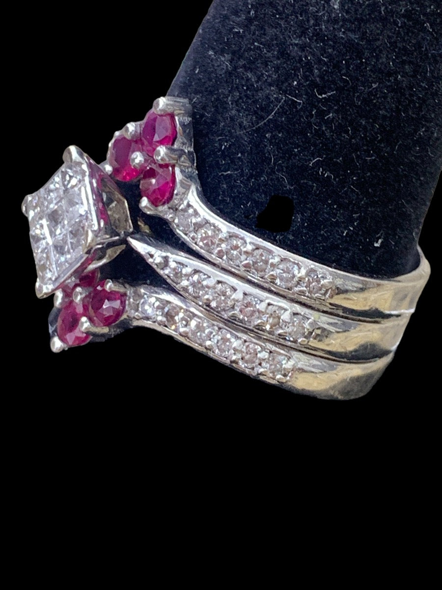 14K White Gold/Diamond/Red Stone Ring - 0.63tcw - Size 9 - 7.6g