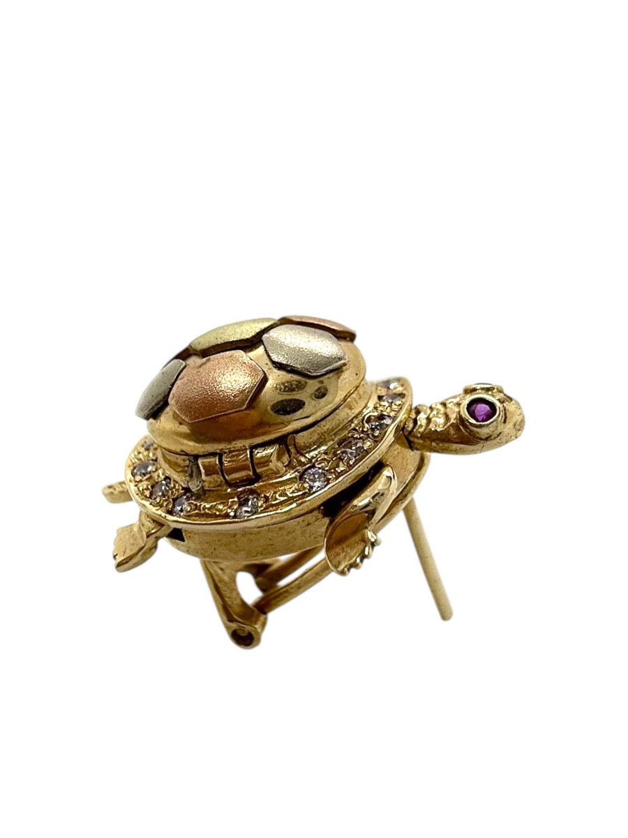 14K Tri-Tone Gold Articulated Turtle Earrings Red/Clear Stones | 15.7g