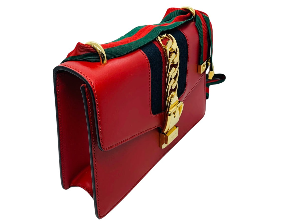 Gucci Red Leather Sylvie Shoulder Bag w/ Fabric Strap