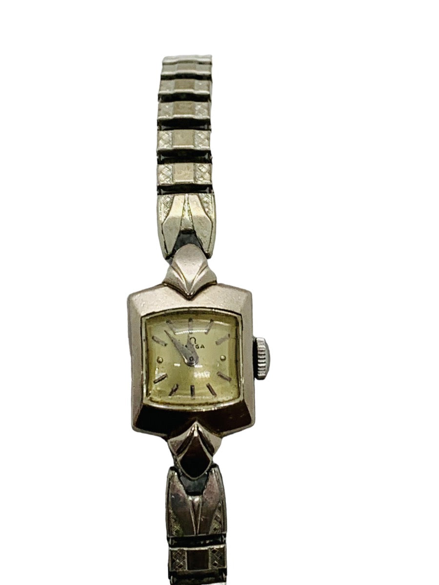 Vintage 1950s Lady Omega 17 Jewelrs Wrist Watch 18k With Stretchy Band