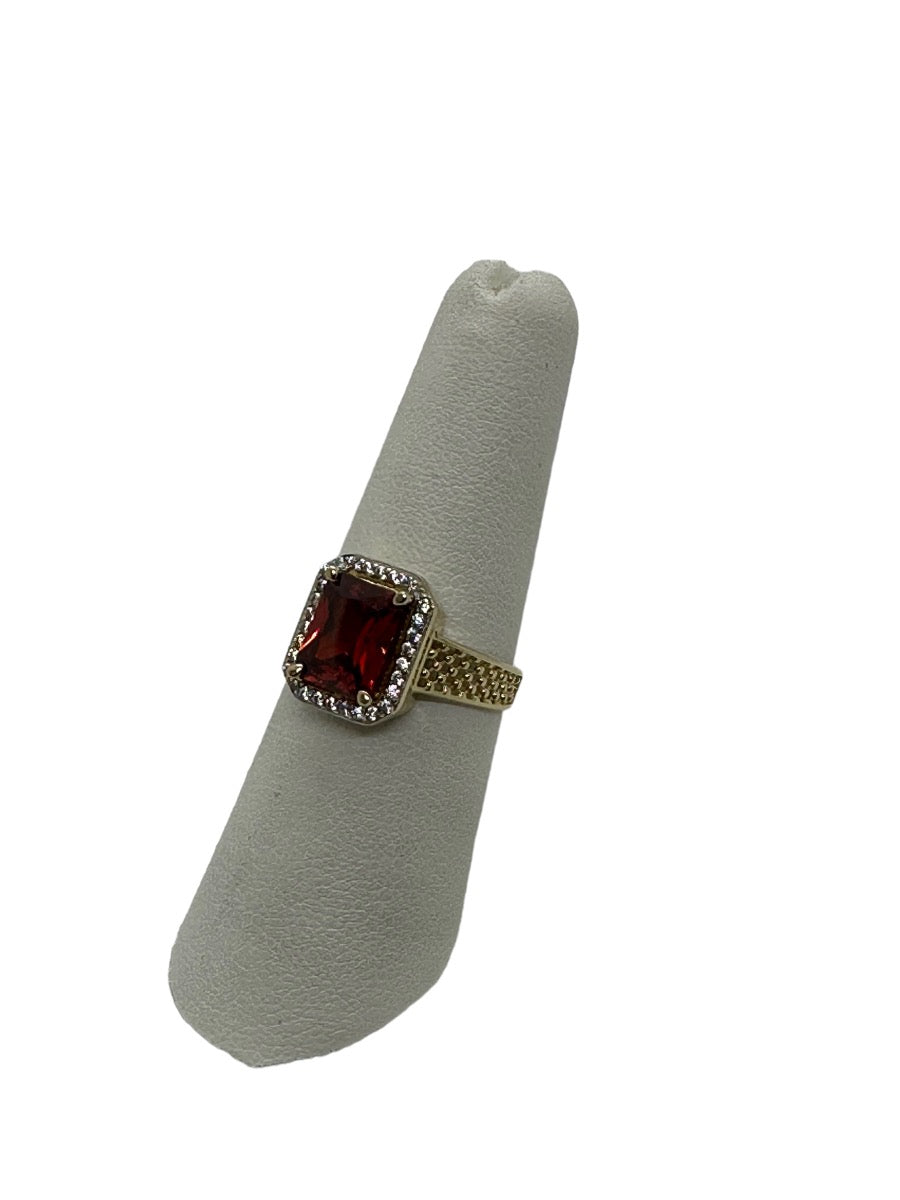 14K Yellow Gold Fancy Design Lady's Red-CZ Stone Ring Size 7.5 / 3 G