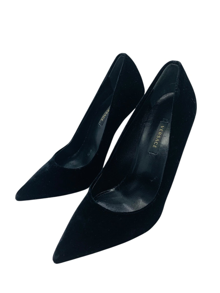 Versace Medusa Suede Pumps Black Gold/Tone Heels 37= U.S 7