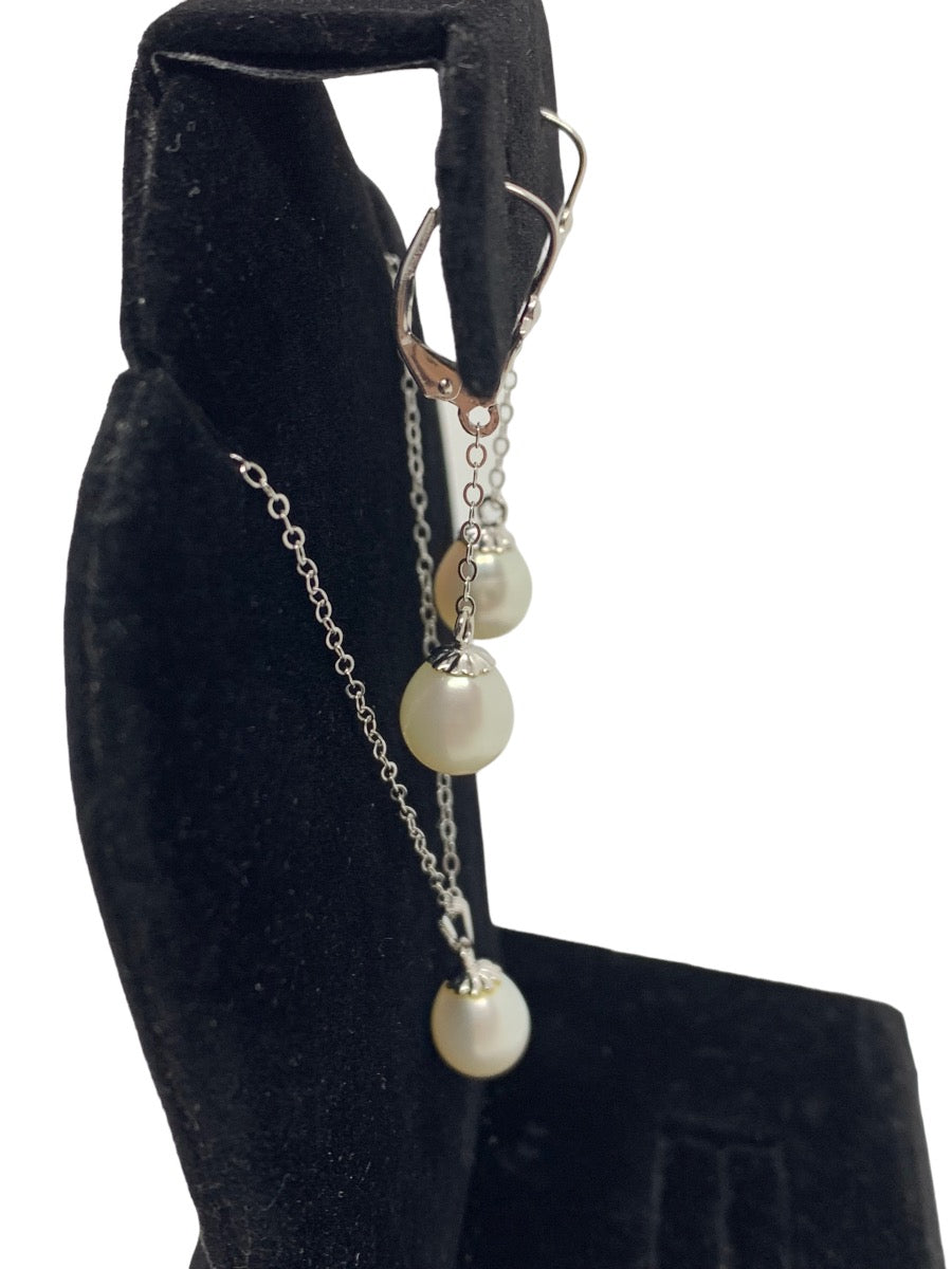 14K White Gold Pearl Necklace w/ Matching Dangling Earrings Set 4.6g