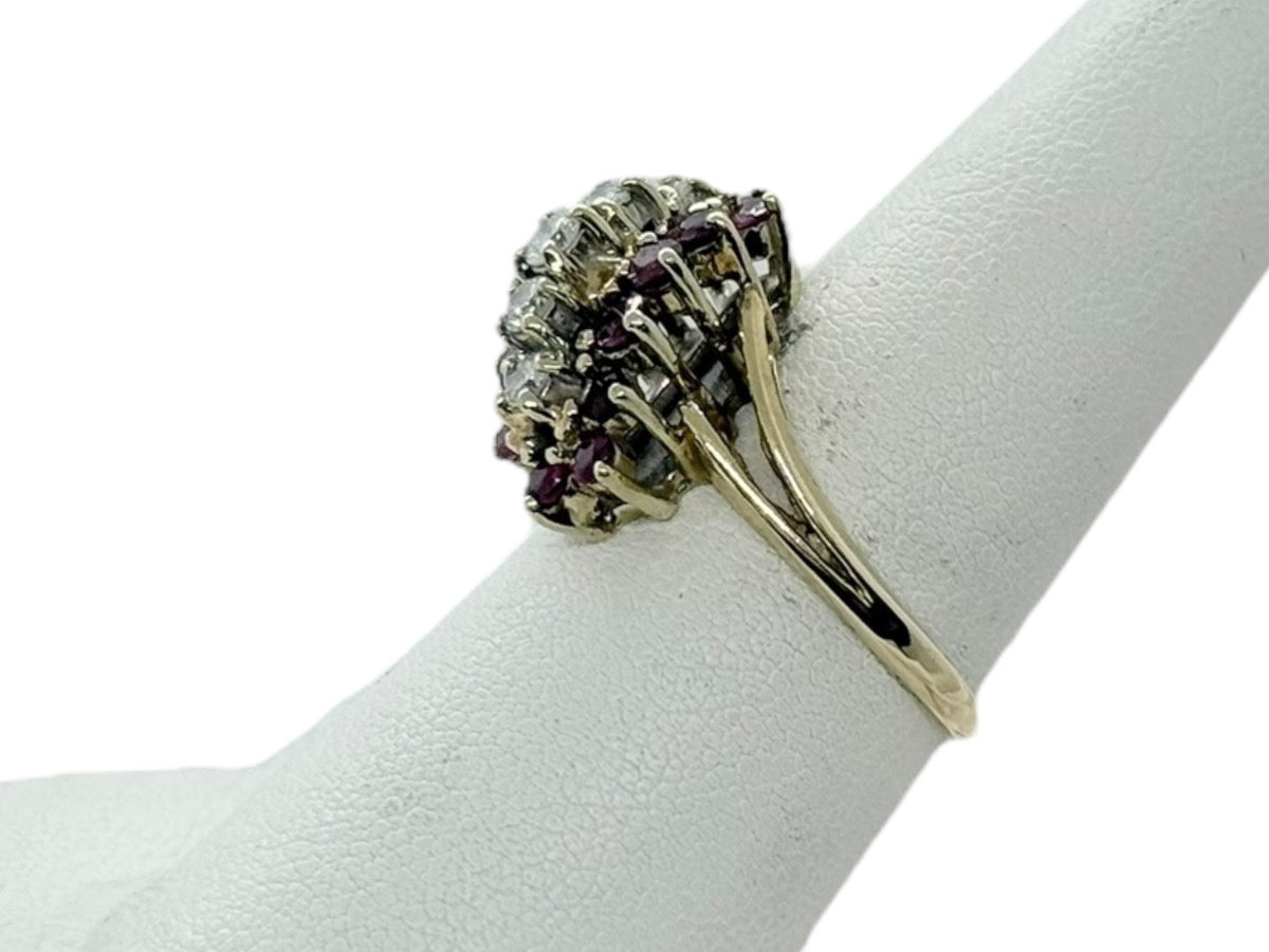 14K Yellow Gold Lady's Ruby/Diamond Cluster Ring | Size 7.25 | 5.7g