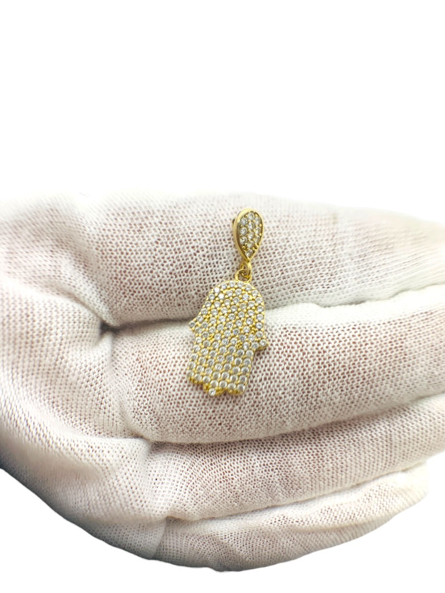 14K Yellow Gold Hand Design Pendant with Clear Stones | 1.6g