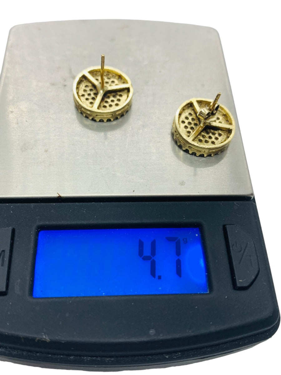 10K Yellow Gold Men's CZ Mercedes Benz Stud Earrings | 4.7 Grams