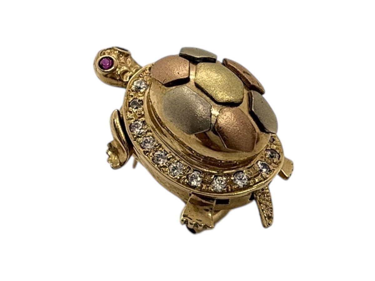 14K Tri-Tone Gold Articulated Turtle Earrings Red/Clear Stones | 15.7g
