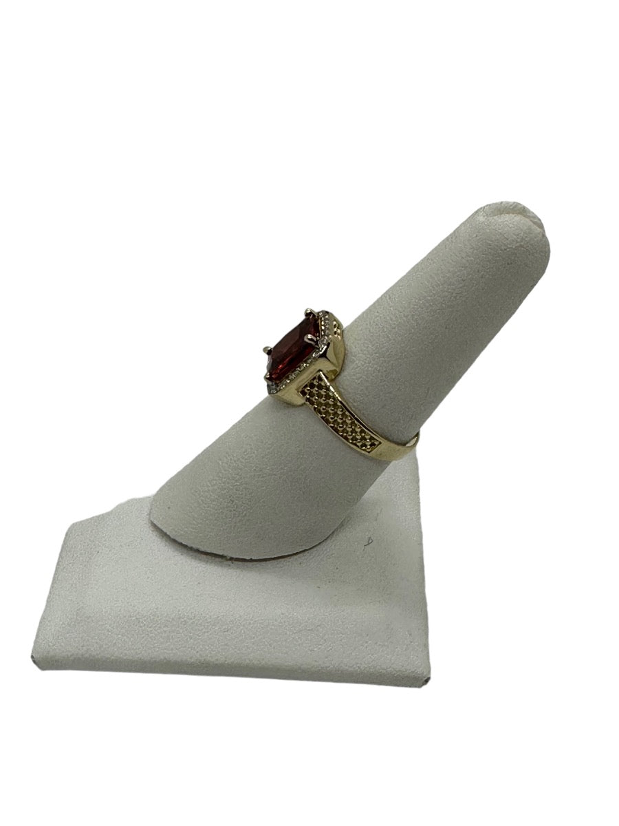 14K Yellow Gold Fancy Design Lady's Red-CZ Stone Ring Size 7.5 / 3 G