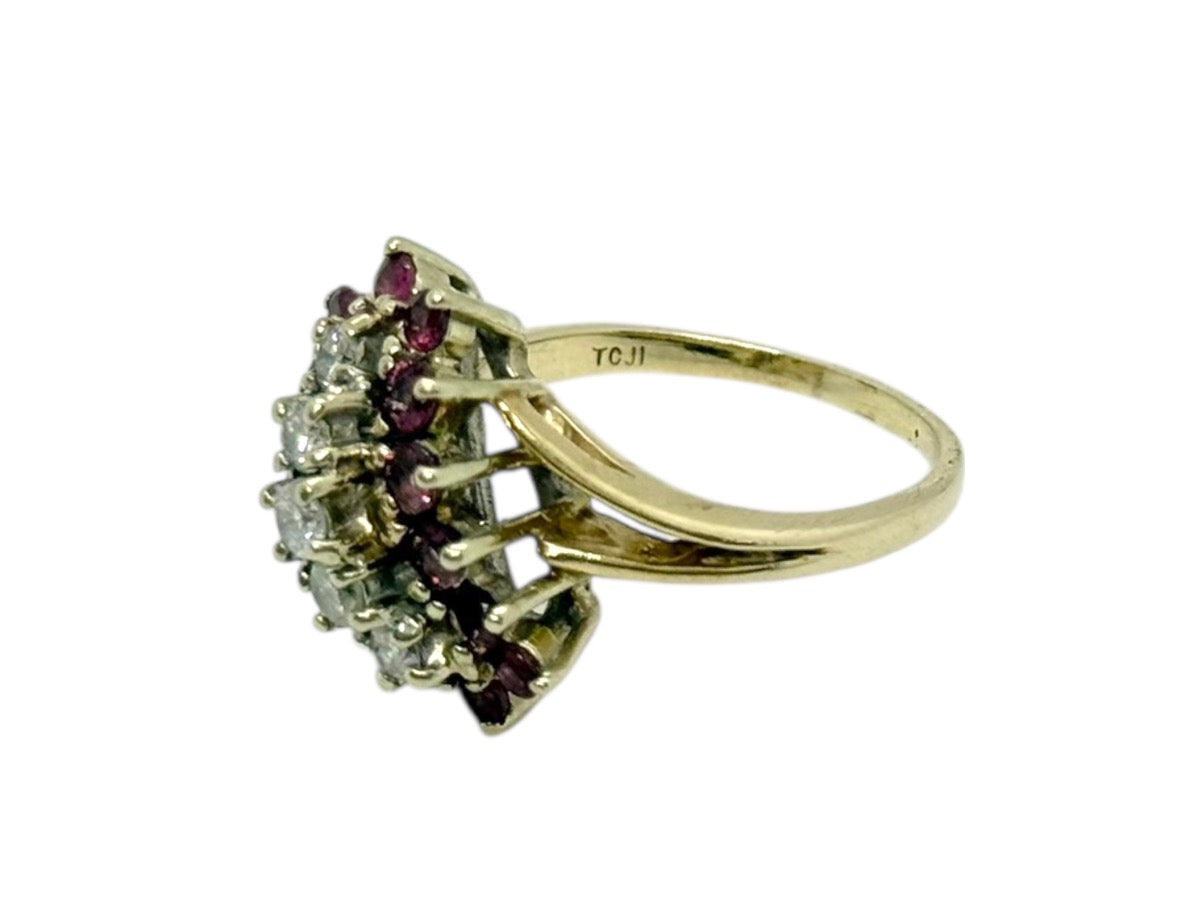 14K Yellow Gold Lady's Ruby/Diamond Cluster Ring | Size 7.25 | 5.7g