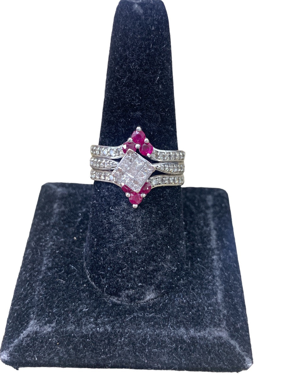 14K White Gold/Diamond/Red Stone Ring - 0.63tcw - Size 9 - 7.6g