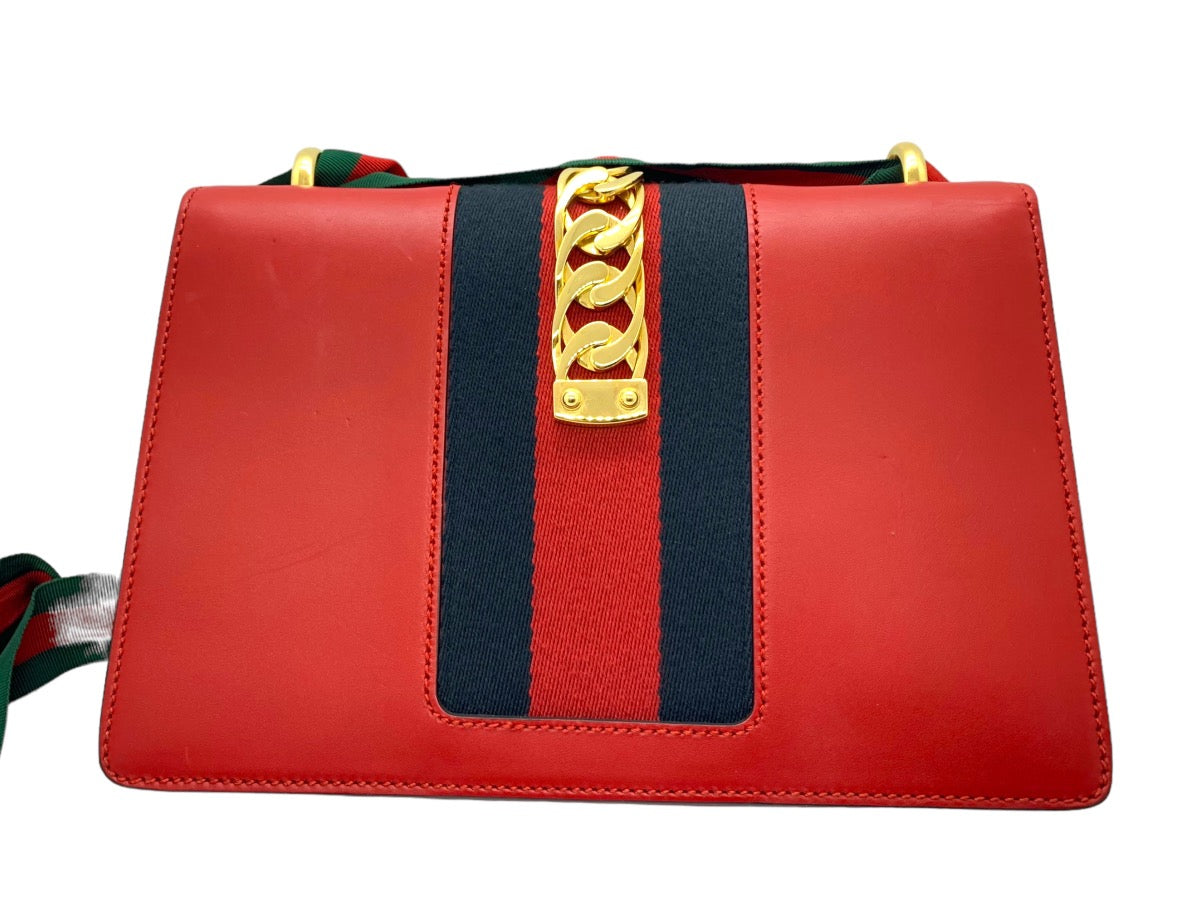 Gucci Red Leather Sylvie Shoulder Bag w/ Fabric Strap