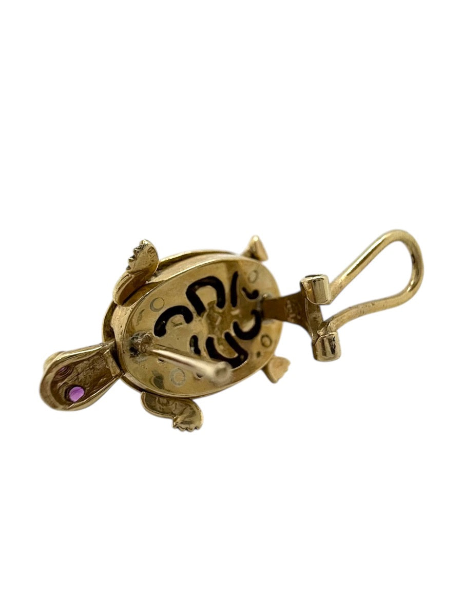14K Tri-Tone Gold Articulated Turtle Earrings Red/Clear Stones | 15.7g