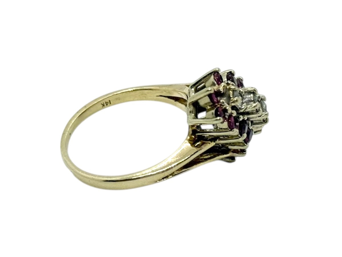 14K Yellow Gold Lady's Ruby/Diamond Cluster Ring | Size 7.25 | 5.7g