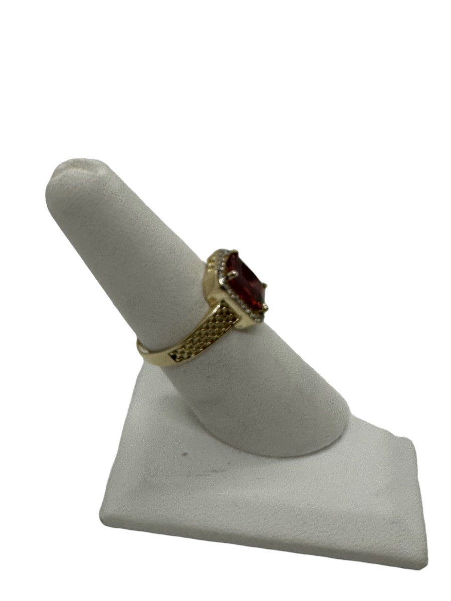 14K Yellow Gold Fancy Design Lady's Red-CZ Stone Ring Size 7.5 / 3 G