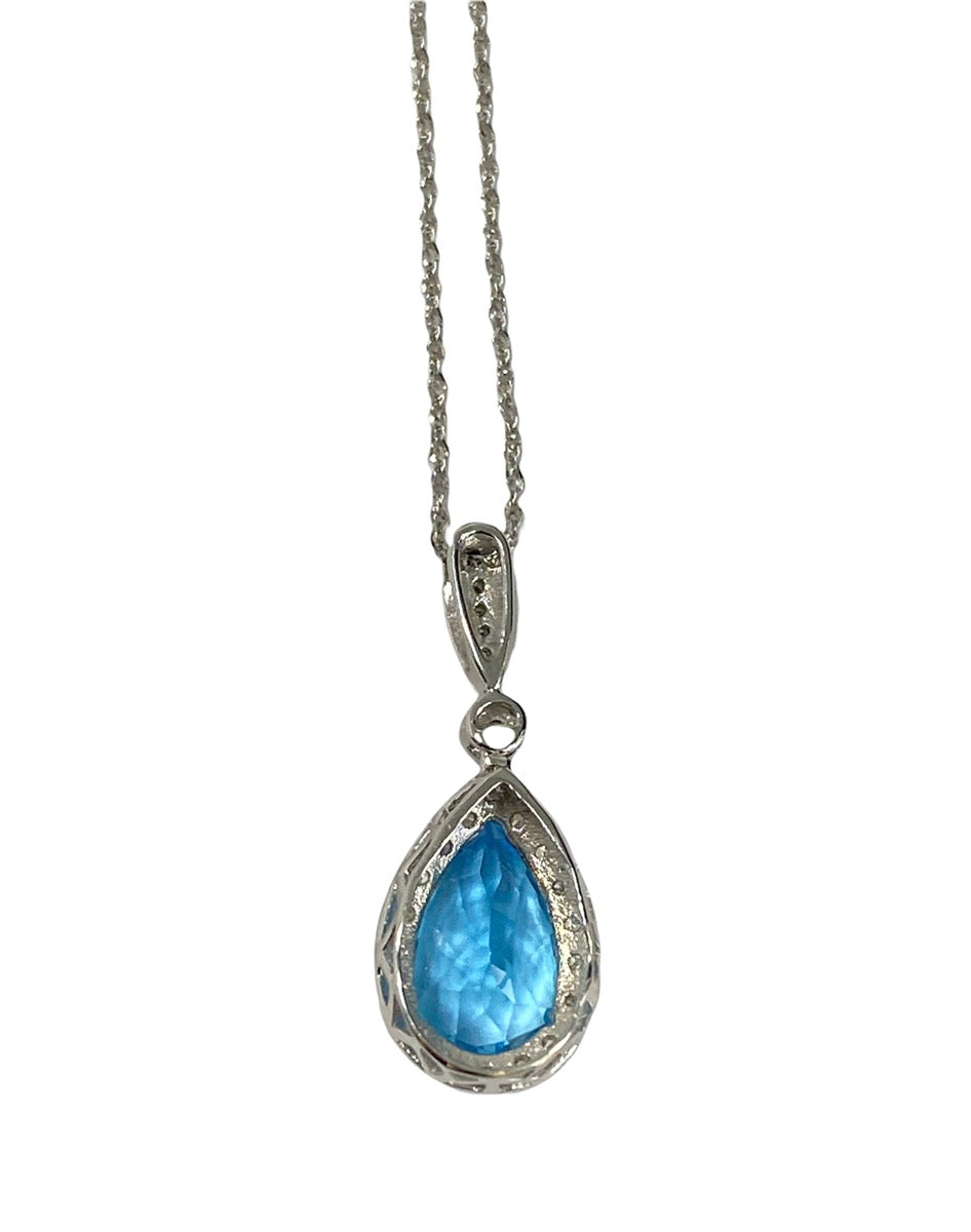 14K White Gold Diamond and Topaz Pendant Necklace 0.25 CTW, 2.9G, 10"