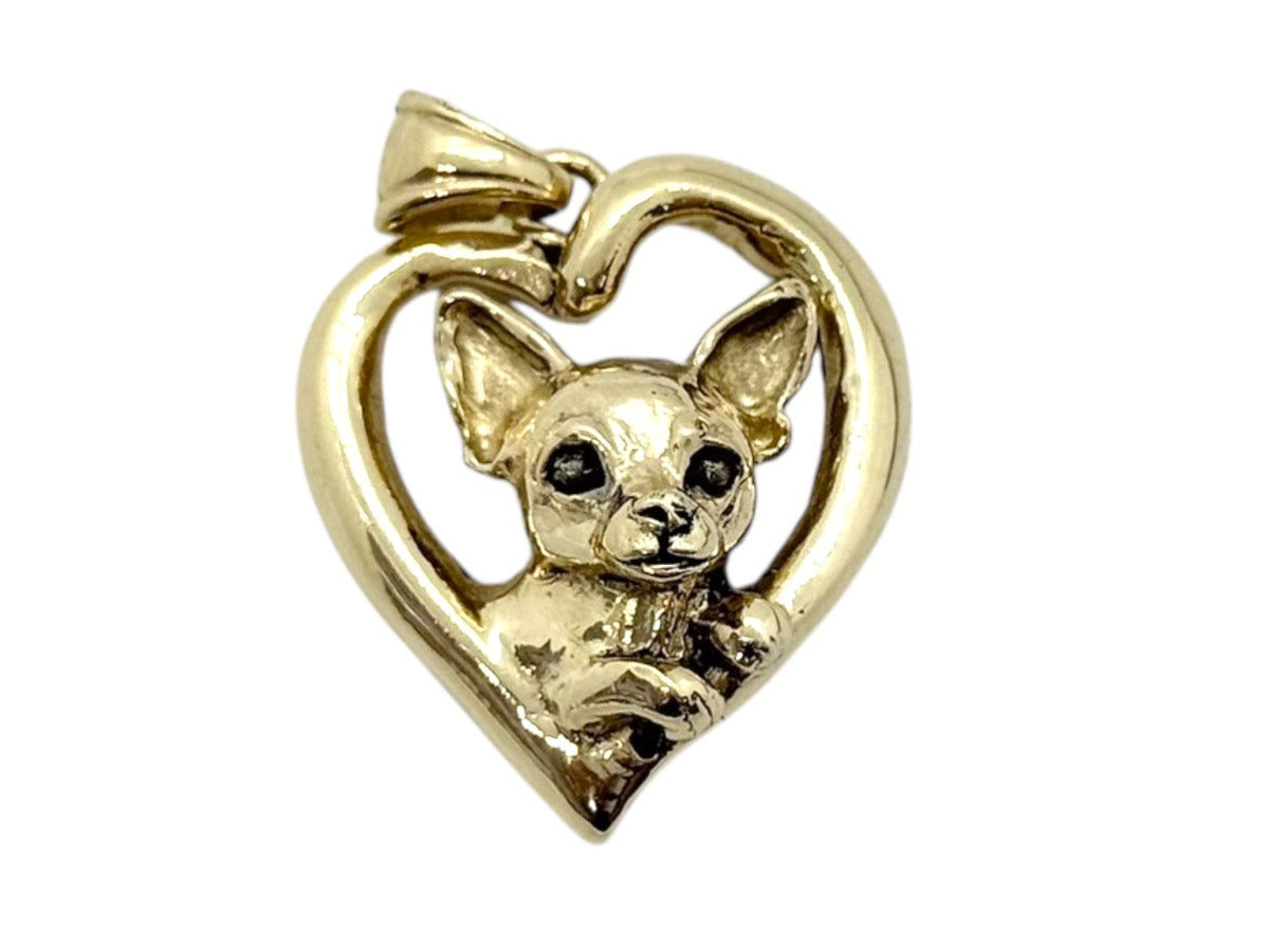 14K Yellow Gold Chihuahua Dog Heart Pendant | 8.6g