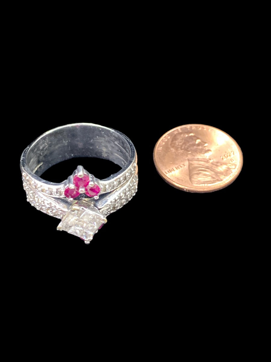 14K White Gold/Diamond/Red Stone Ring - 0.63tcw - Size 9 - 7.6g