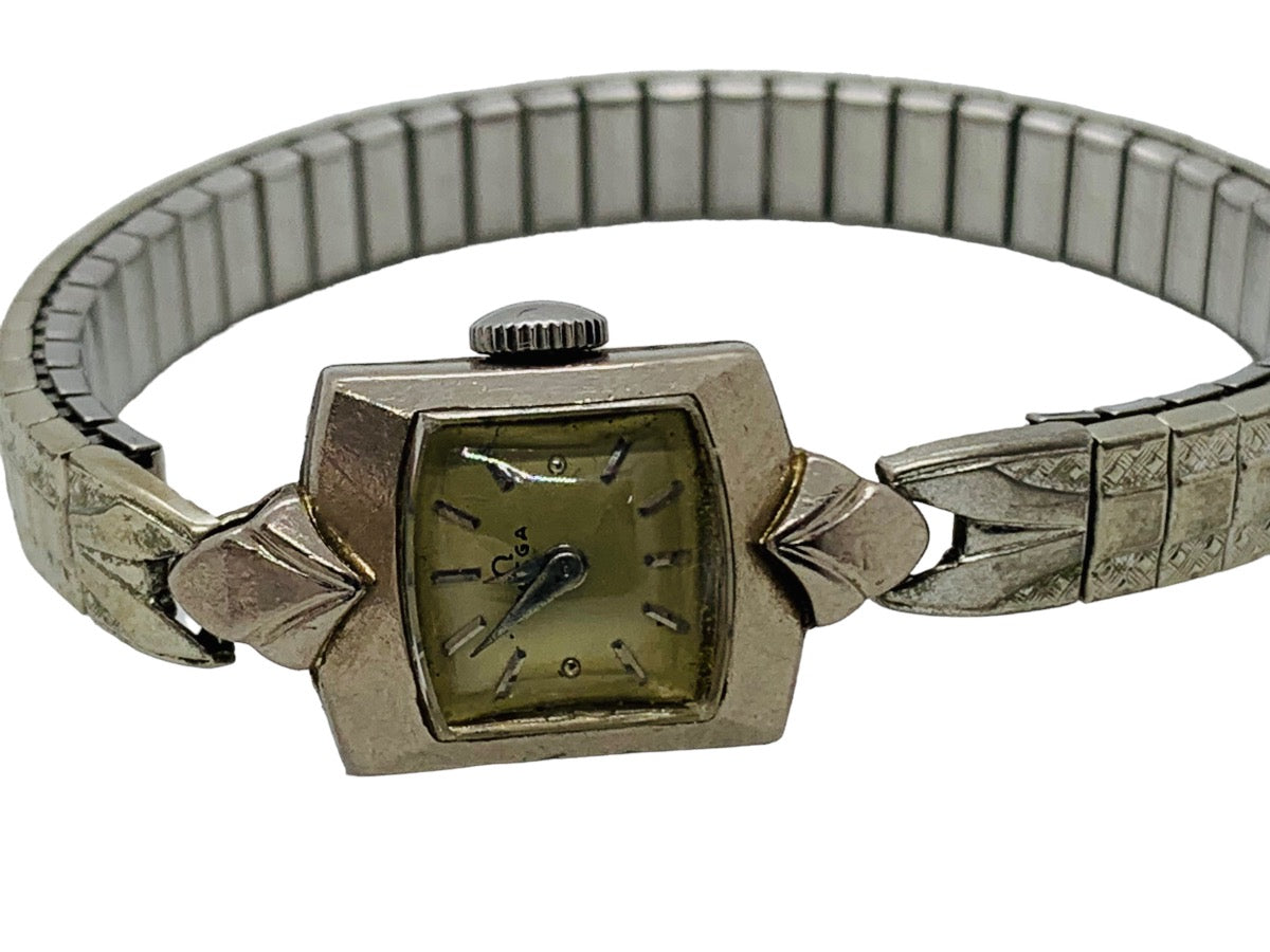 Vintage 1950s Lady Omega 17 Jewelrs Wrist Watch 18k With Stretchy Band