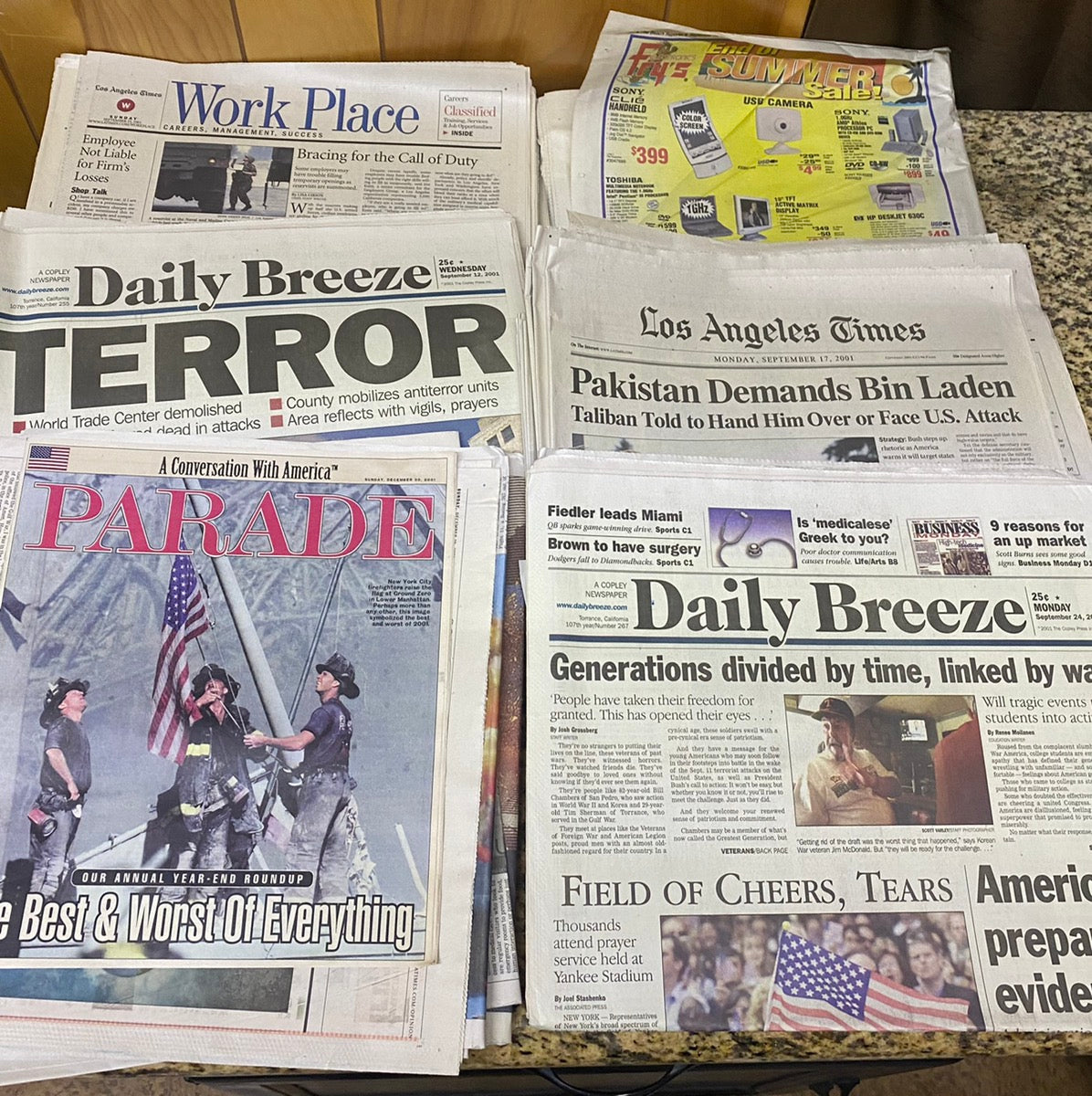 Lot of 2001 9/11 Attack News Paper, Time Magazine, Daily Breeze + More