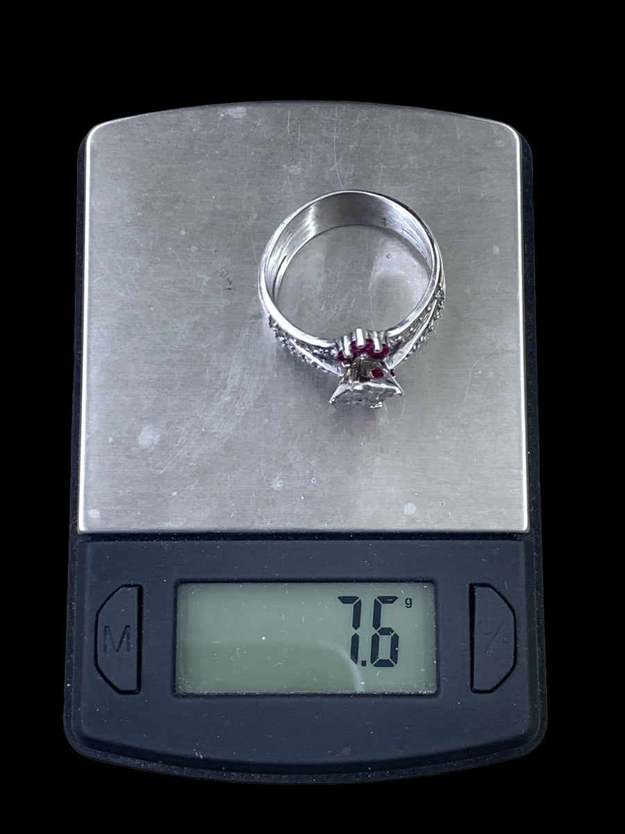 14K White Gold/Diamond/Red Stone Ring - 0.63tcw - Size 9 - 7.6g