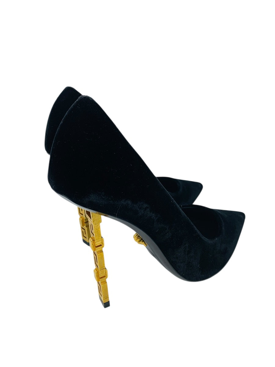 Versace Medusa Suede Pumps Black Gold/Tone Heels 37= U.S 7