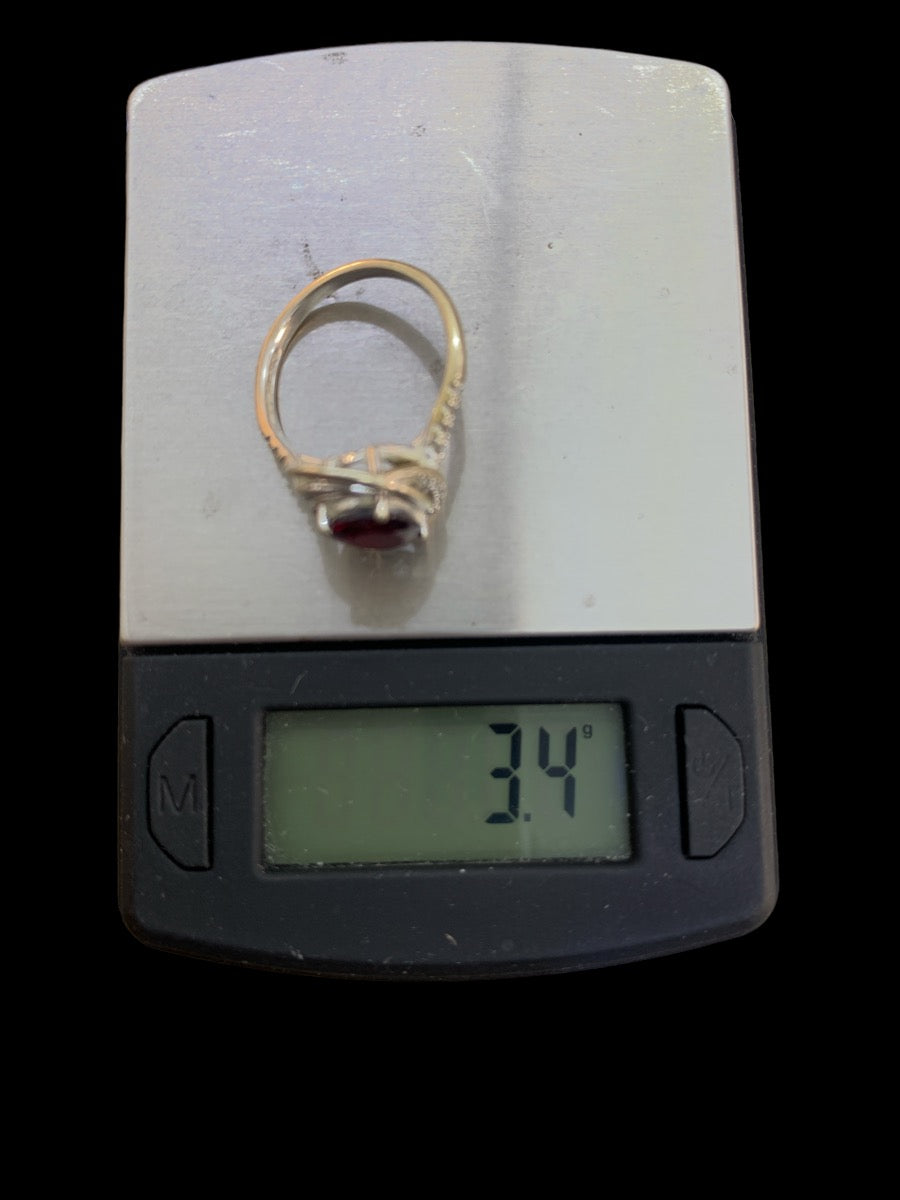 14K White Gold Red Stone Diamond Ring - 0.18tcw - Size 6.75 - 3.4g