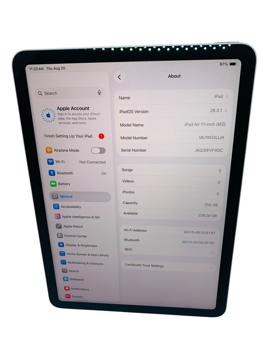 Apple iPad Air 11-inch A2902 256 GB, Wi-Fi Gray Color